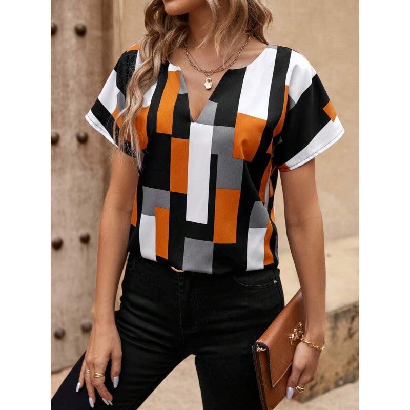 Foreign Trade New Cross-Border Blouses Geometric Print Slit Collar Shirt Short-Sleeved Top