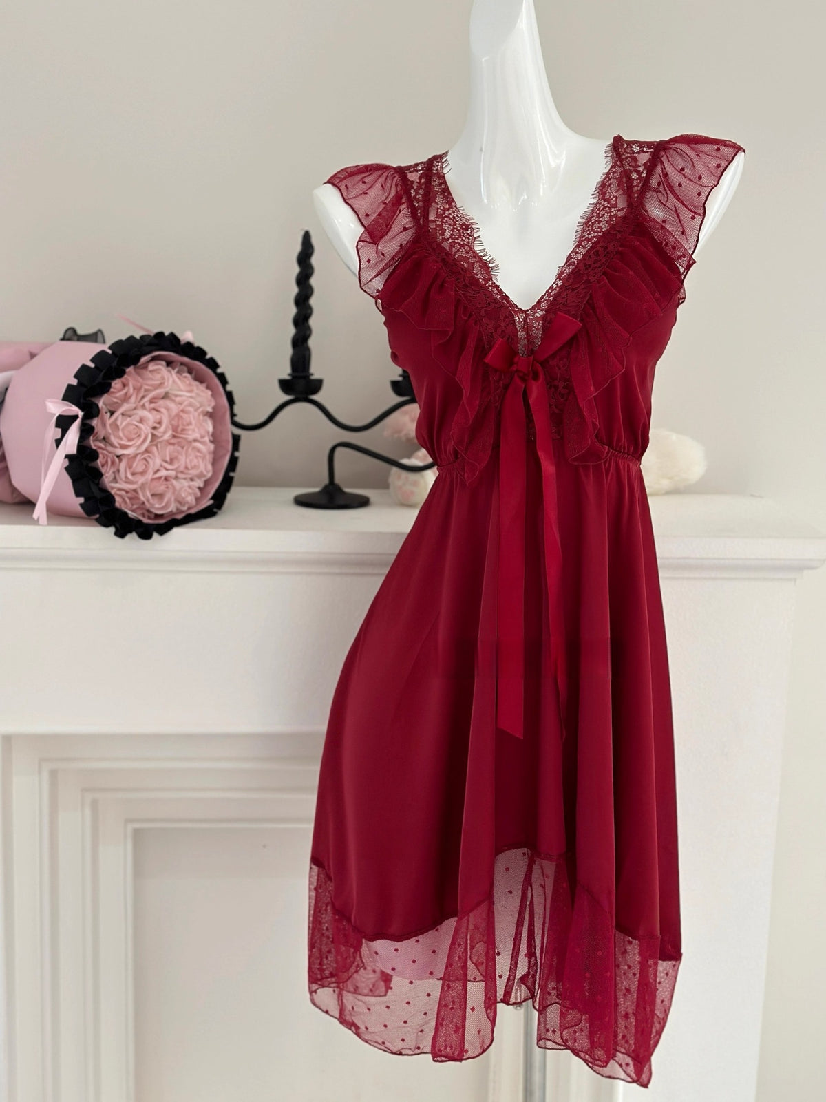 Purely Sensual Silky Slip Nightgown with Sexy Backless Lace Bow, Polka Dot Sleep Dress with a High-End Feel, Loungewear