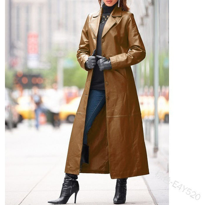 Ready-Made Cross-Border Supply European and American Clothing Buttoned Leather Jacket Long Outwear Slim Large Size Leather Windbreaker Wholesale