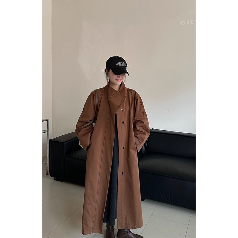 2026 Autumn High-End Stylish Minimalist Chic Lazy Style Solid Color Long Stand Collar Trench Coat for Women