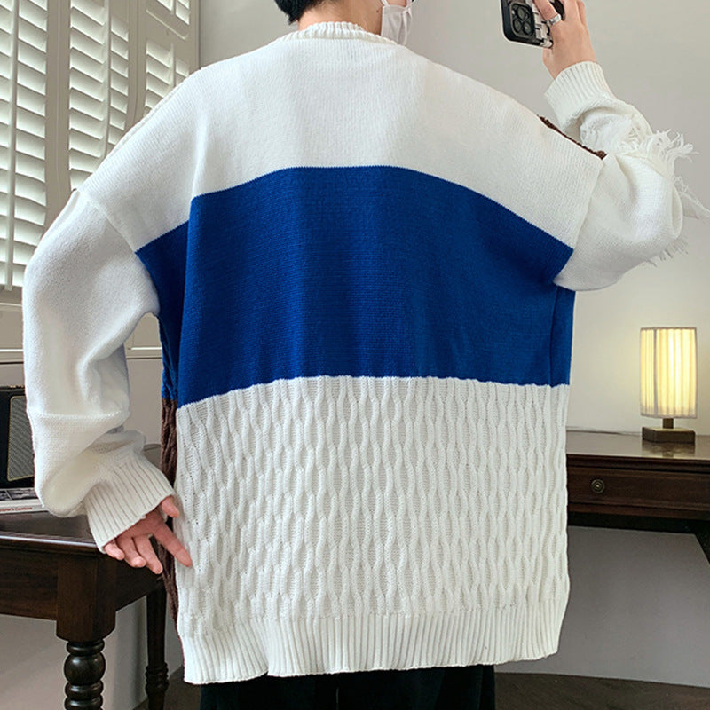 Spliced Personalized Knitted Cardigan Jacket for Men in Autumn and Winter, Trendyy Brand, Loose Sweater for Men, Lazy Style Knitted Sweater
