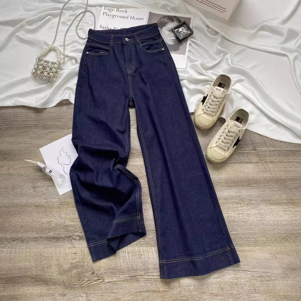 Denim Blue Straight-Leg Jeans for Women, Spring and Autumn 2025 New Style, High-Waisted Design, Slimming, Loose Wide-Leg Pants