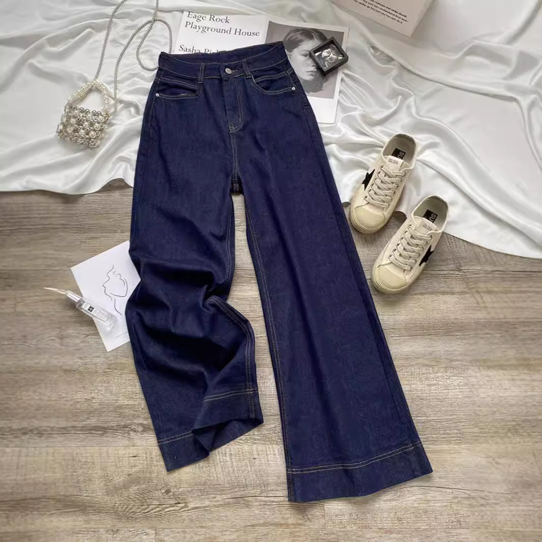 Denim Blue Straight-Leg Jeans for Women, Spring and Autumn 2025 New Style, High-Waisted Design, Slimming, Loose Wide-Leg Pants
