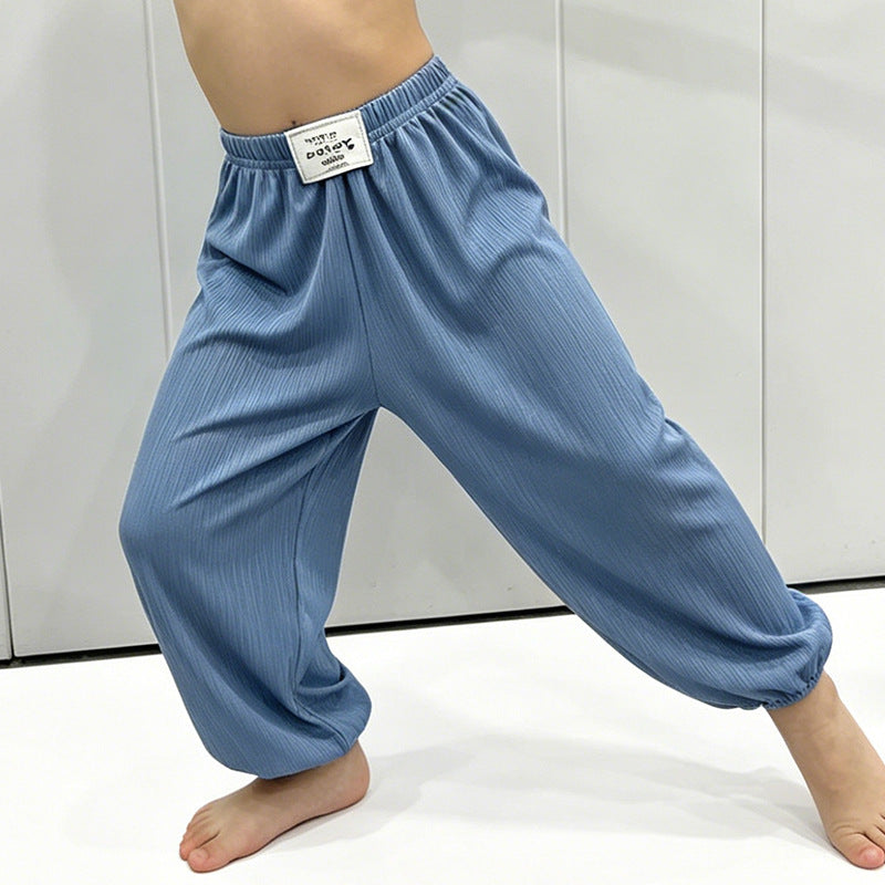 Children's Ice Silk Quick-drying Anti-mosquito Pants Girls Ultra-thin Air Conditioning Lantern Pants Summer Beach Pants Boys Black and White Paid Trousers