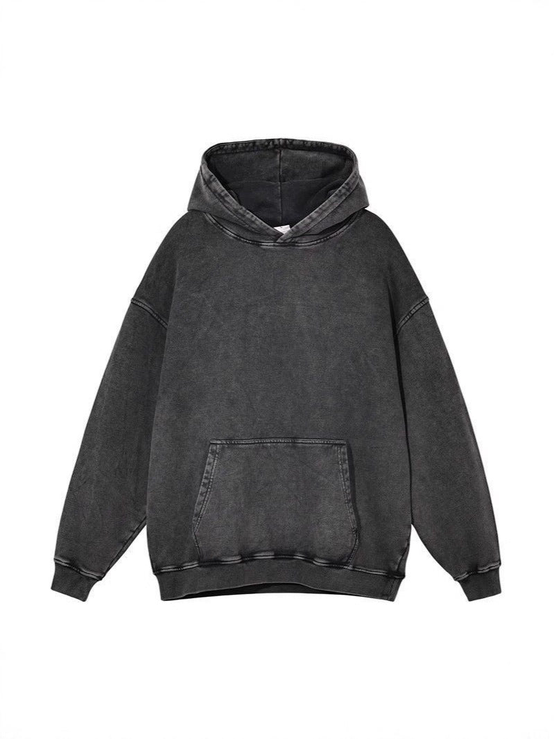 Washed Vintage Hoodie with Pockets, Retro Pure Cotton Composite Thin Fleece Thick Loose Drop Shoulder Top
