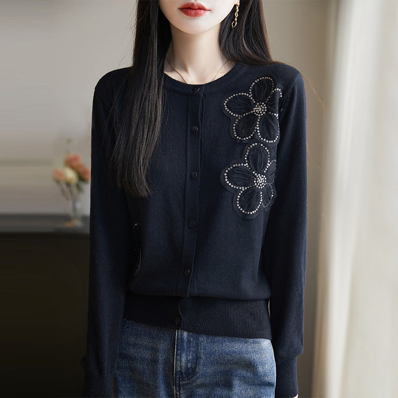 Spring and Autumn New Women's Worsted Wool Knitted Sweater Round Neck Three-dimensional Flower Knitted Cardigan Fashion Sweater Coat Top