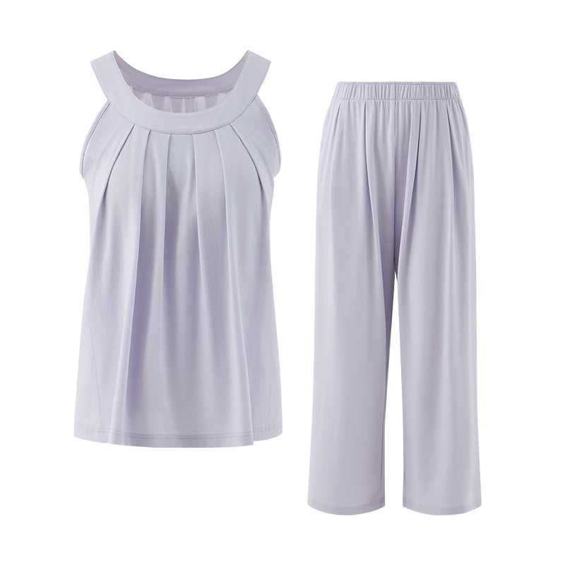 [with Breast Pad] Summer Suspender Pajamas for Women Sweet Solid Color Home Clothes Summer Thin Women's Pajamas Two-Piece Set