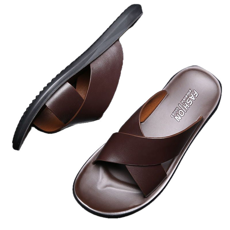 Summer New Outdoor Wear Slippers Men's Genuine Leather Korean Style Fashionable Men's Sandals Non-Slip Slides Men's Beach Shoes