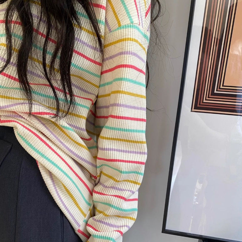 Spring and Autumn T-shirt Thin Sweatshirt Korean Style Autumn and Winter New Vigor Rainbow Striped Long-sleeved T-shirt Women's Top Women's Age-reducing