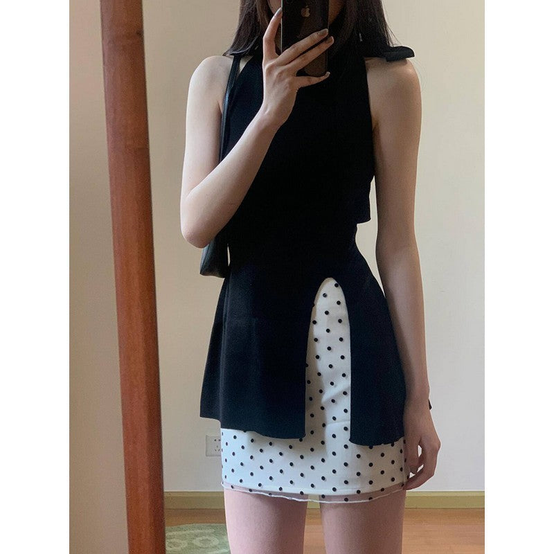 suit Women's Summer New Korean Style Design Sense Black Elegant Split Top High Waist Wave Dot Trendy Skirt