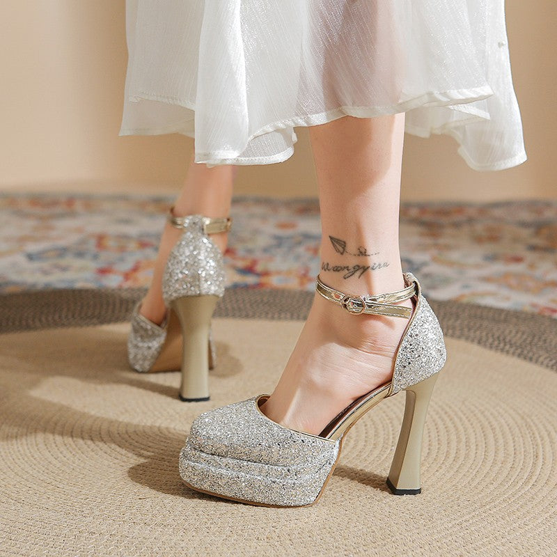 2025 New Super High Heel Waterproof Platform Sequin Sandals girls Ankle Strap Thick Heel Thick Sole Catwalk Performance Shoes Wedding Shoes