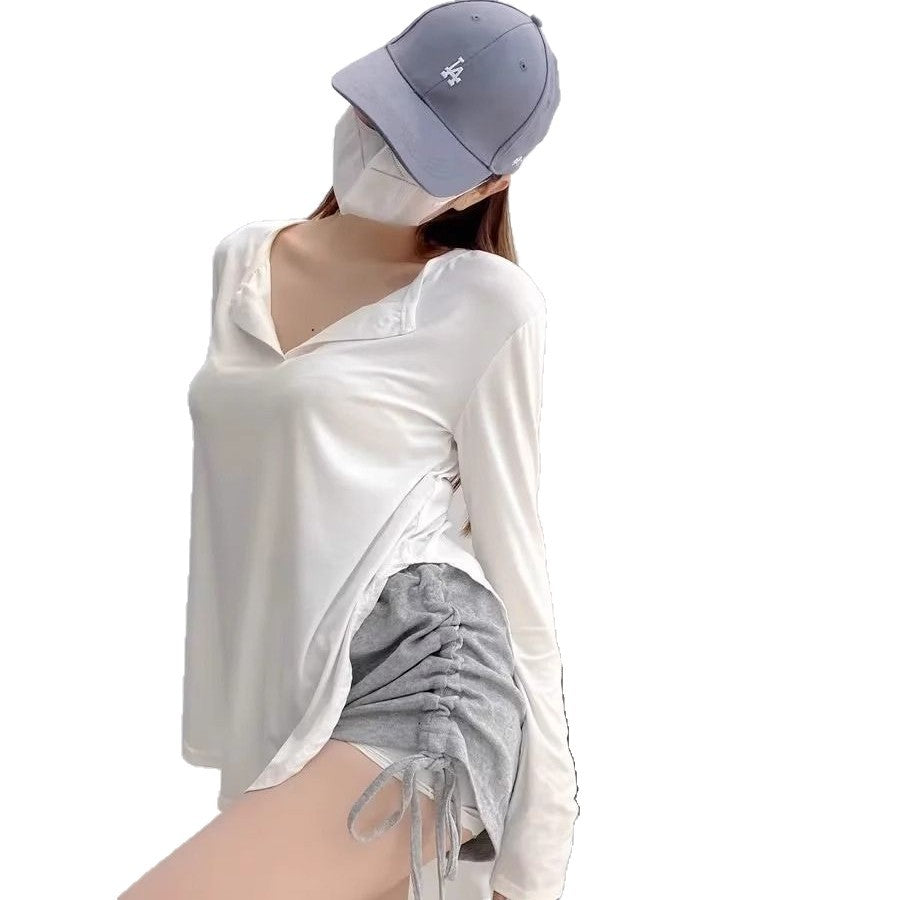 Autumn New Long-Sleeve T-Shirt for Women with Buttons, Loose Fit, Slimming Inner Top, Stylish Design, Regular Shoulder T-Shirt, Trendy
