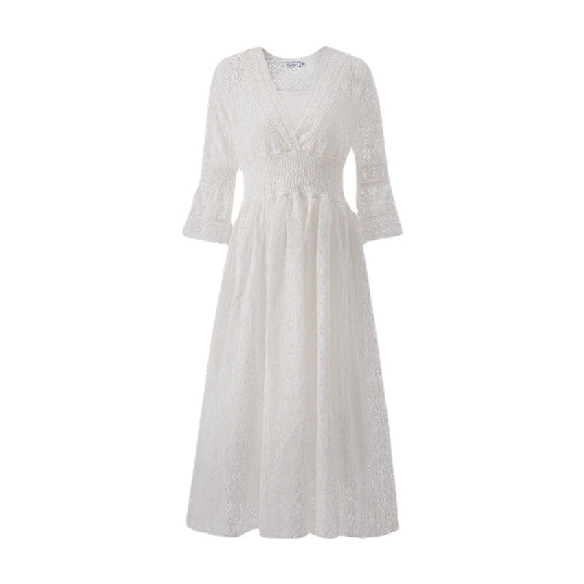 Dress Summer New Style Women's Lace V-Neck Slim Waist Dress Korean Style Dress Vacation Women's Beach Dress