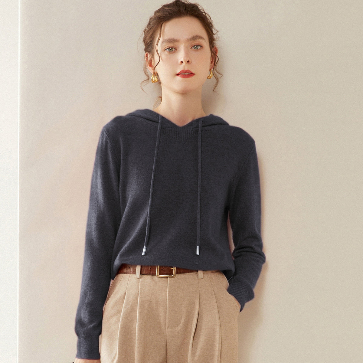 Light Luxury Solid Color 100% Pure Cashmere Hoodie for Women, Versatile for Commuting, Loose Knit Base Hoodie, Loose Fit
