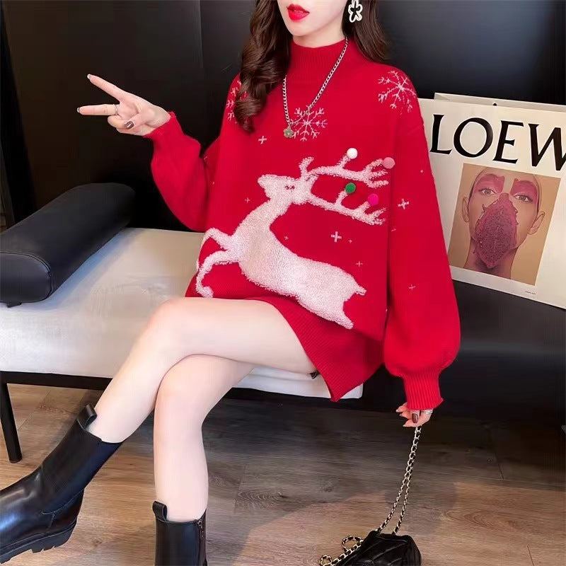 Red Christmas Sweater Women's 2024 New Fawn Autumn and Winter Loose Outer Wear Laid-back Style Thickened Mid-length Needle Sweater