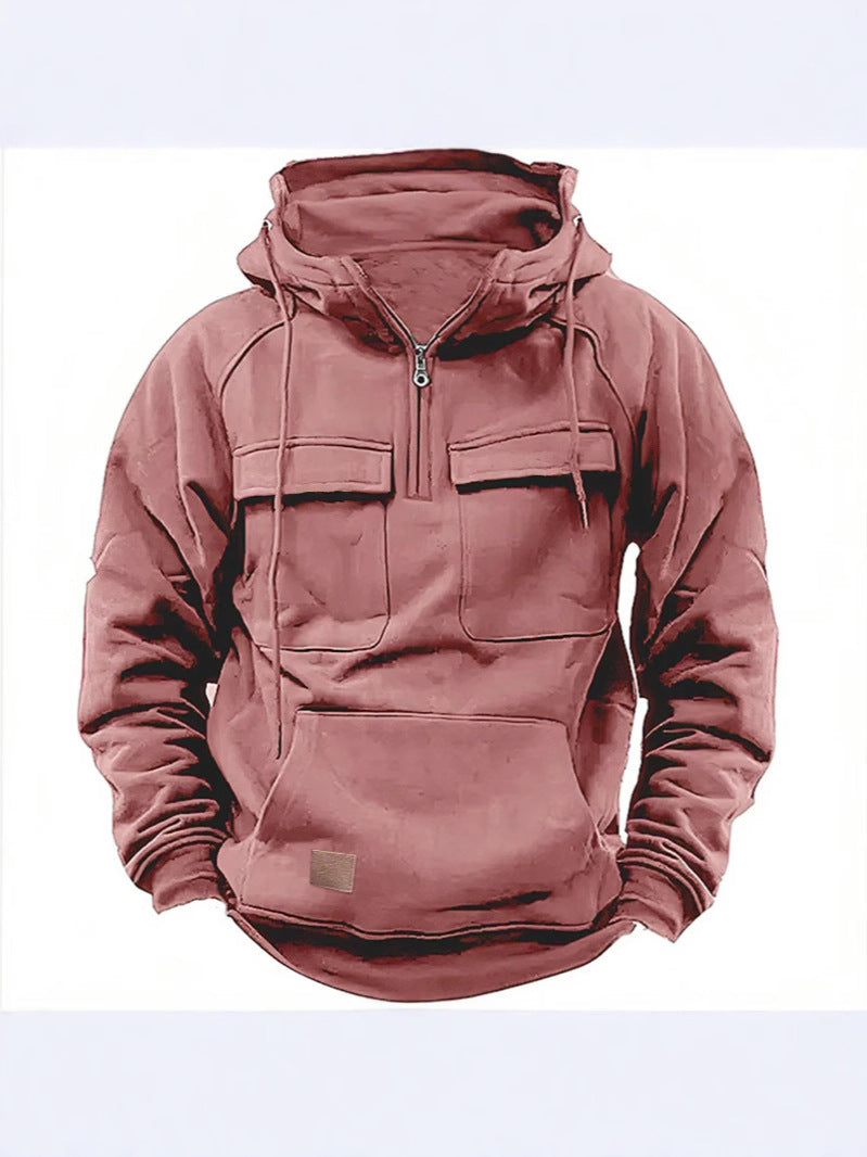 Cross-Border Men's Half-Zip Hooded Sweatshirt, Retro Workwear with Multiple Flap Pocket Pantss, Loose Casual Pullover Hoodie