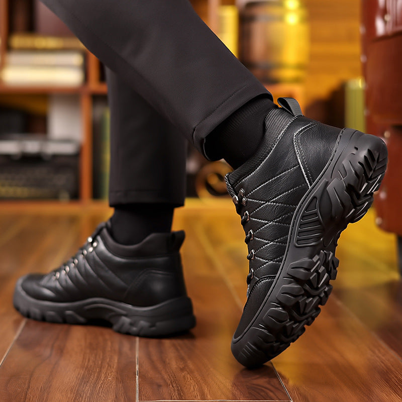 Winter New Men's Wool Warm Cotton Leather Boots Men's Online Sewing Lace-up Casual Leather Shoes Non-slip Wear-resistant Ankle Boots