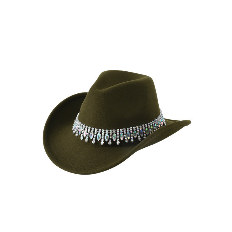 Men's and Women's European and American Elegant Hats, Unique Jazz Cowboy Hats, Tassels, Gemstones, Rhinestone Accessories, Belts, Wedding Engagement