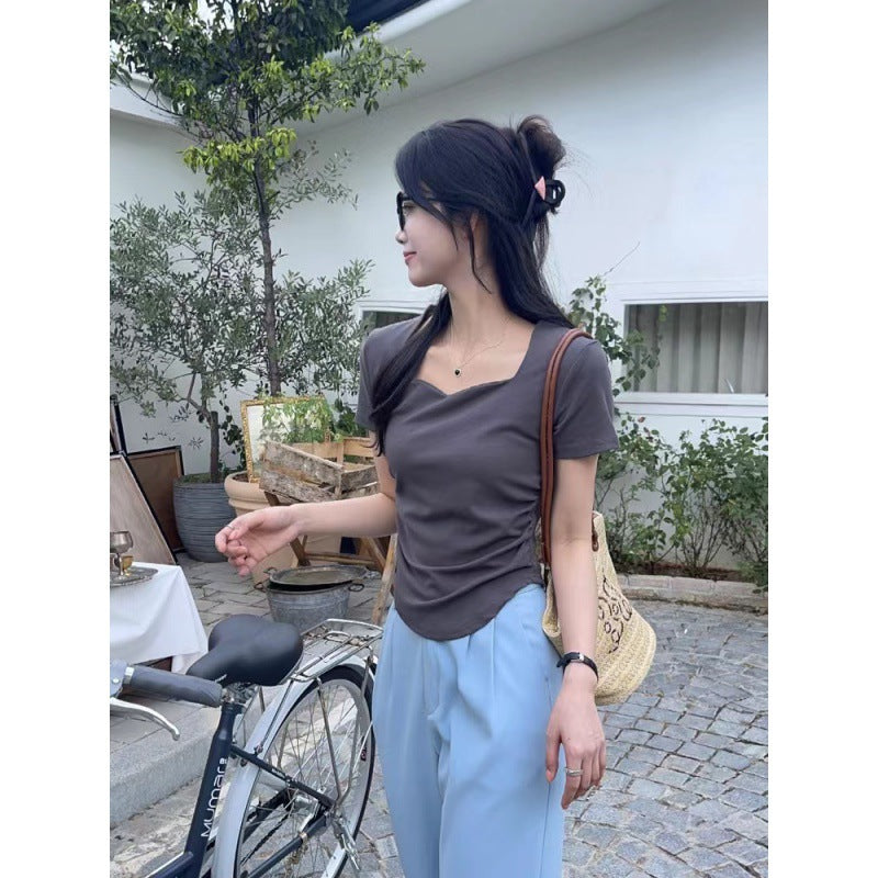 Pleated Slim-Fit Sweetheart Neckline Short-Sleeve T-Shirt for Women, Summer Pure Desire Style, Regular Shoulder, Solid Color, Collarbone Top