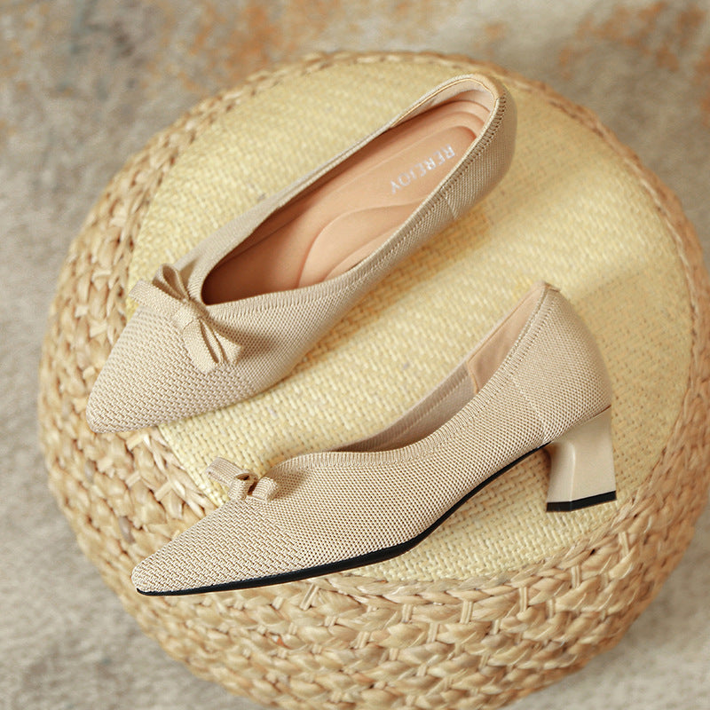 girls Fairy High Heels 2024 Spring and Autumn New Korean Style All-match Chunky Heel High Heel Commuter Women's Shoes Knitted Shoes Single-layer Shoes for Women
