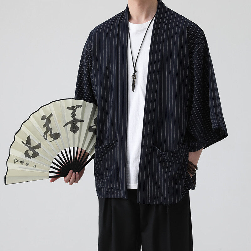 2025 New Summer Stripesd Men's Three-Quarter Sleeve Windbreaker Large Size Thin Outwear Chinese Style Cloak Men's Top