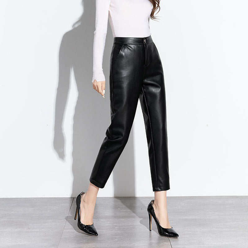 Genuine Leather Pants for Women 2025 Autumn and Winter High-Waisted Straight Casual Slimming Look Harem Pants Goatskin Nine-Point Cigarette Pants for Women
