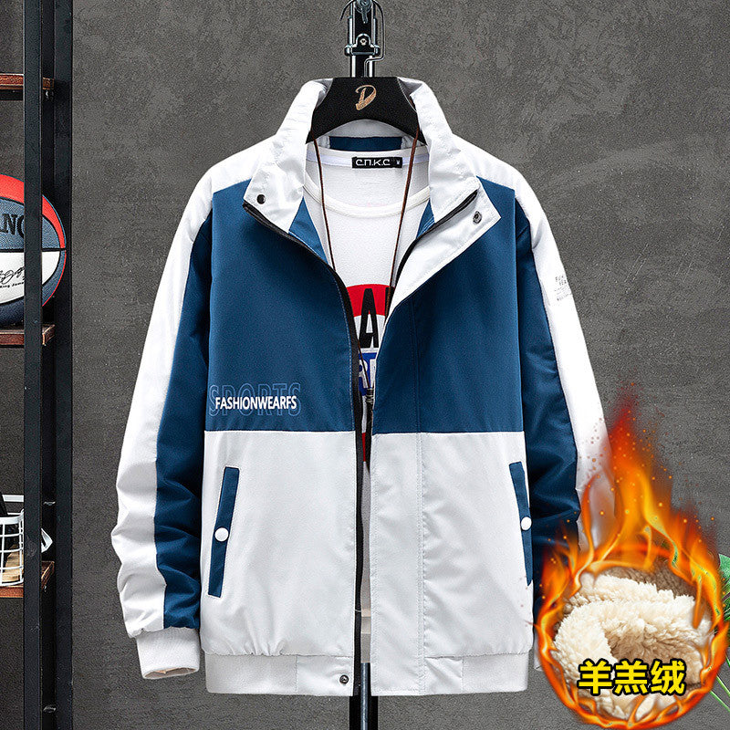 Men's winter casual color block fleece-lined stand collar jacket coat winter long sleeve cardigan zipper lamb 1915