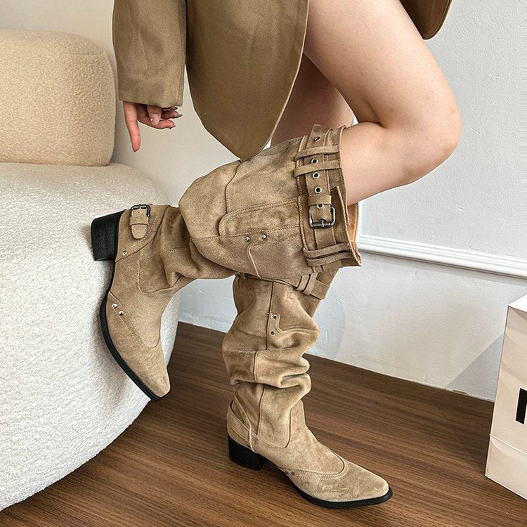 Over-The-Knee Boots for Women 2025 Autumn and Winter New Suede Pointed Toe Knight Boots Thick Heel Slimming Look Pleated Large Tube Boots