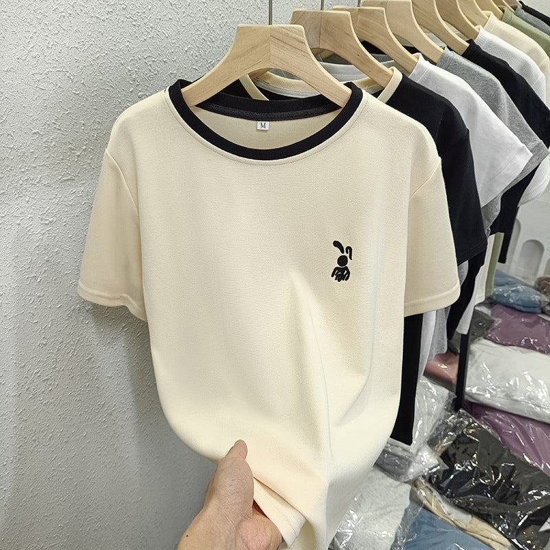 Pure Cotton Bag Collar Contrasting Round Neck Short-Sleeved T-Shirt for Women Summer New Style Bunny Embroider Casual Versatile Top