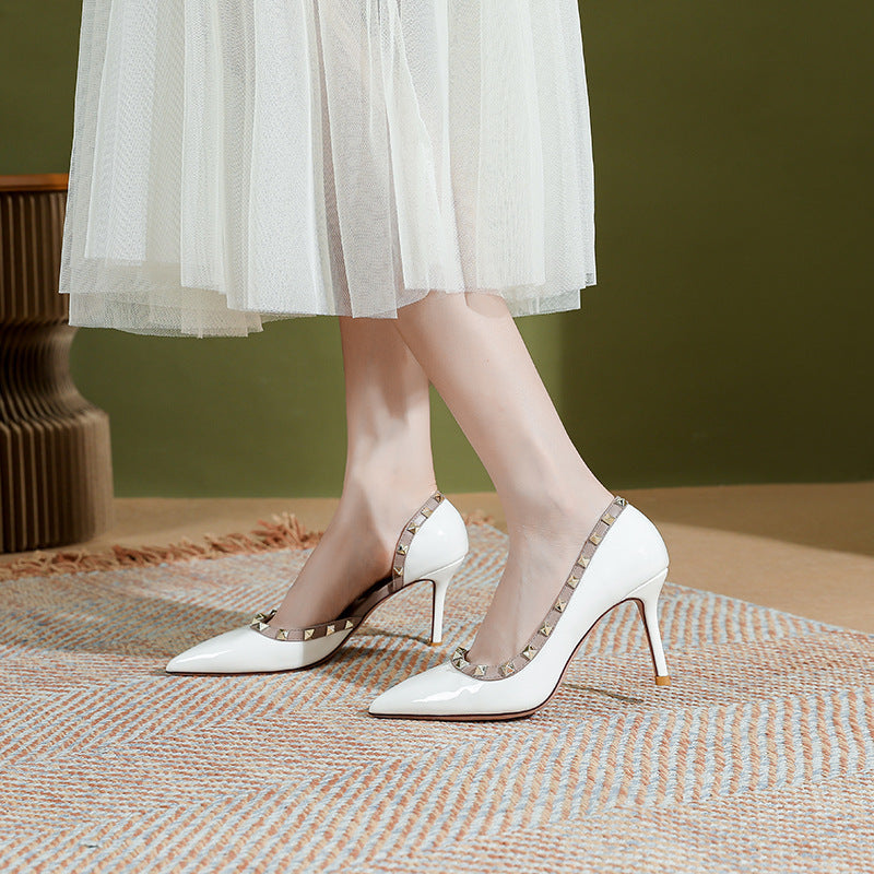 Nude Patent Leather High Heels for Women 2025 Spring New Evening Style Sexy Stiletto French Pointed Toe Side Hollow Rivet Shoes