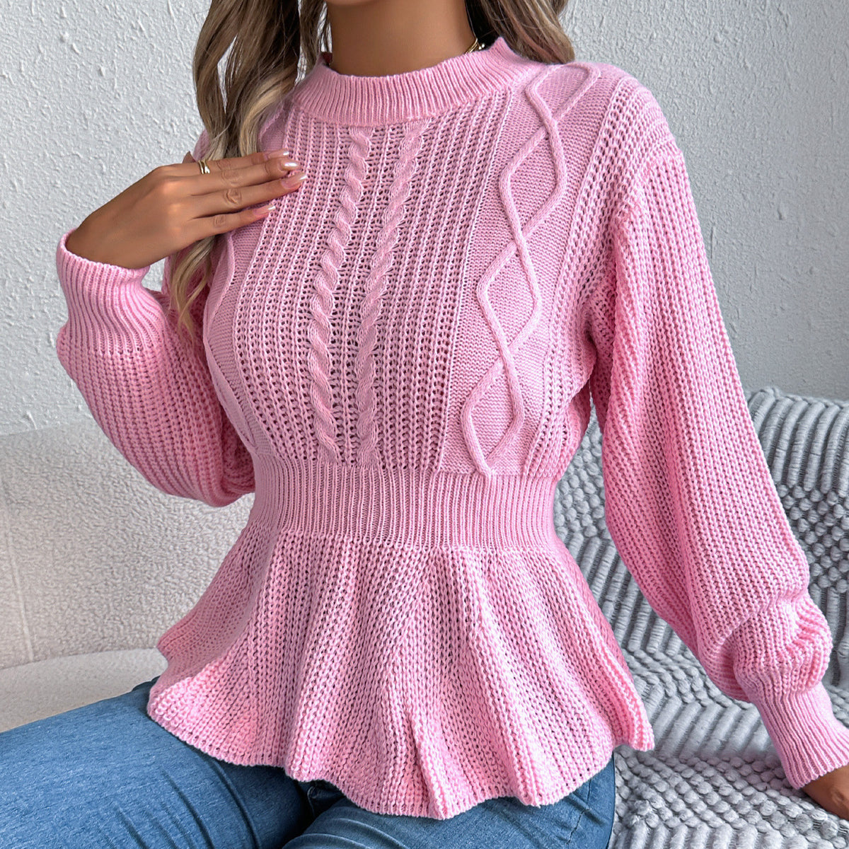 Real Shot of Autumn and Winter European and American Style Solid Color Cable Knit Waist-Cinching Ruffled Long-Sleeve Pullover Sweater, Independent Cross-Border Women's Fashion