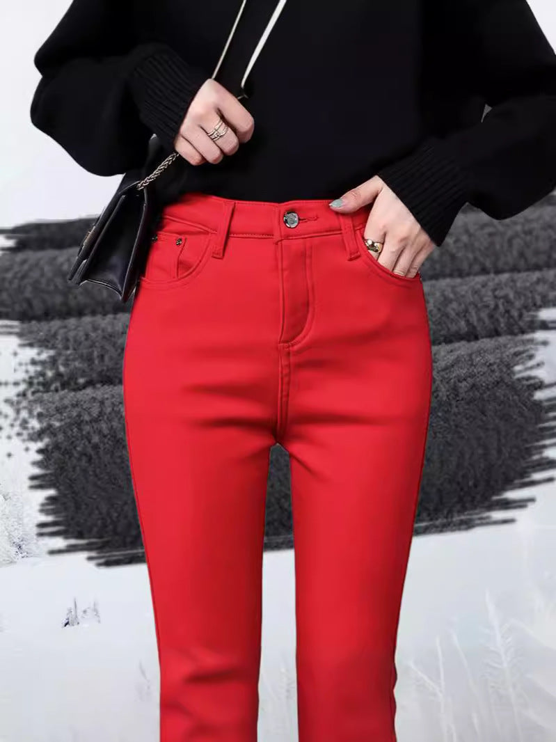Red Jeans Women's 2024 Autumn and Winter Plus Velvet High Waist Slim Fit Small Foot Casual Pants Straight-Leg Pencil Pants