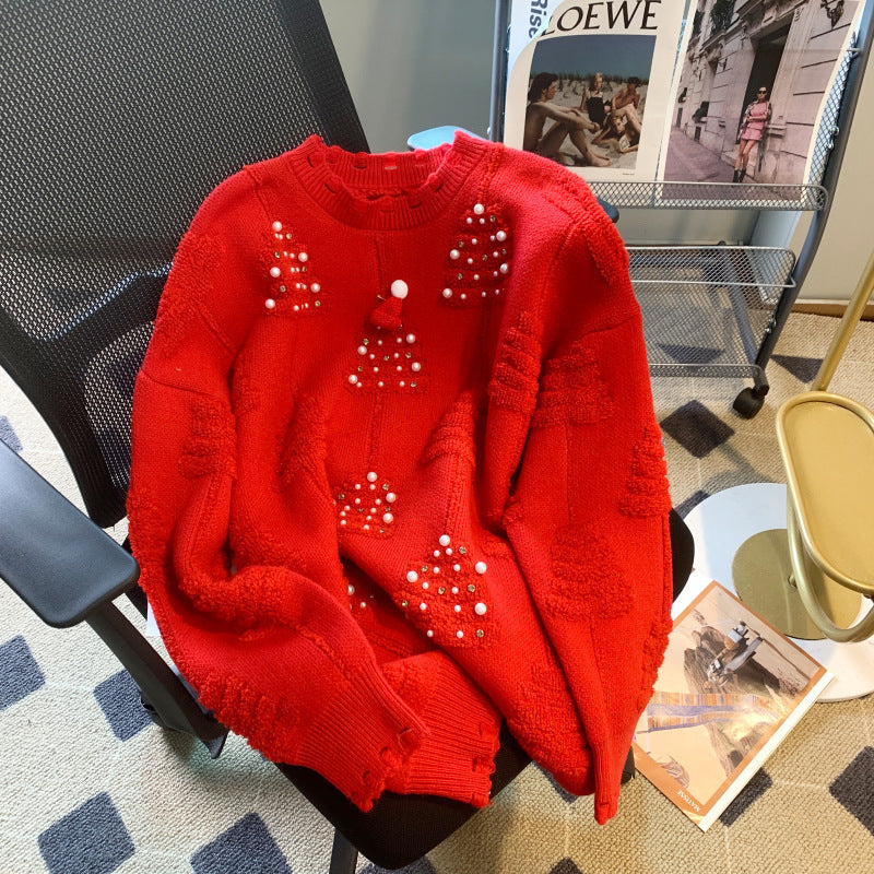 Christmas Red Sweater Women's Autumn and Winter 2024 New Style Heavy Industry Beaded Western Style Loose Pullover Contrast Color Knitted Sweater Jacket