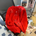 Christmas Red Sweater Women's Autumn and Winter 2024 New Style Heavy Industry Beaded Western Style Loose Pullover Contrast Color Knitted Sweater Jacket
