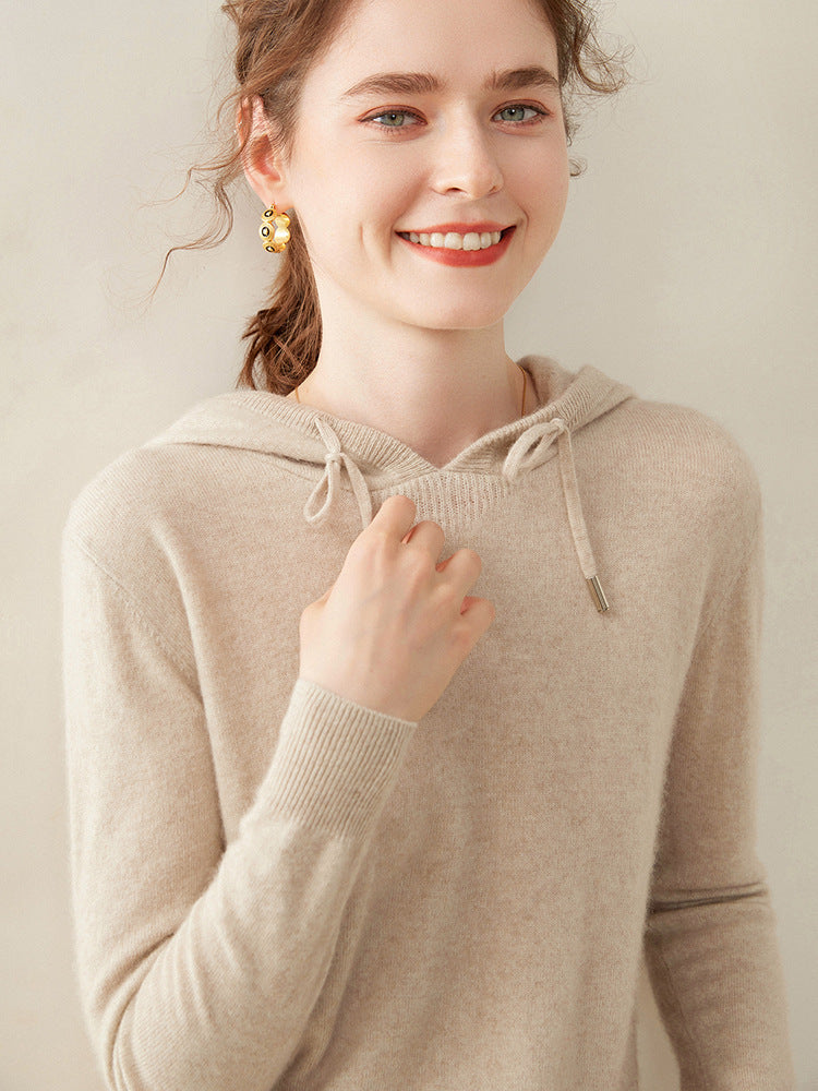 Light Luxury Solid Color 100% Pure Cashmere Hoodie for Women, Versatile for Commuting, Loose Knit Base Hoodie, Loose Fit