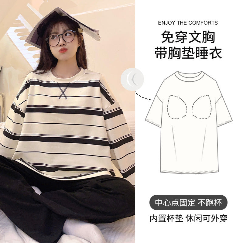 New Style Long-Sleeved Women's Pajamas with Breast Pads, Autumn and Winter Casual Striped Home Clothes That Can Be Worn Outside