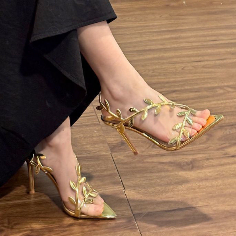 Golden Patent Leather Leaf High Heels Women's 2025 Summer New Arrival Fairy Style Stiletto Heel Pointed Toe Sandals