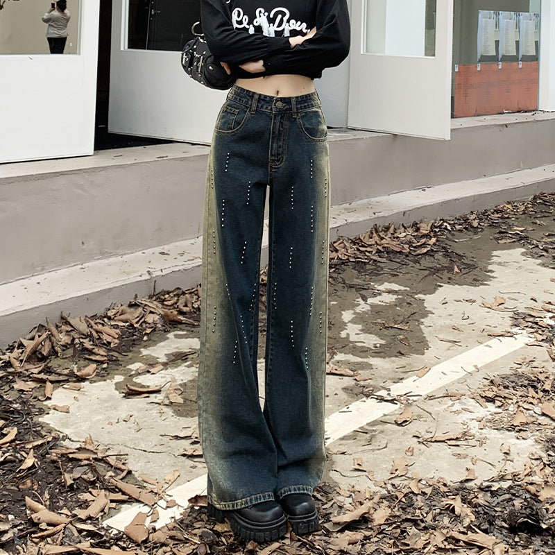 Vintage Wide-Leg Jeans for Women, Spring 2026 New Style, Retro Loose Fit, Slimming High-Waisted Straight Pants for Women