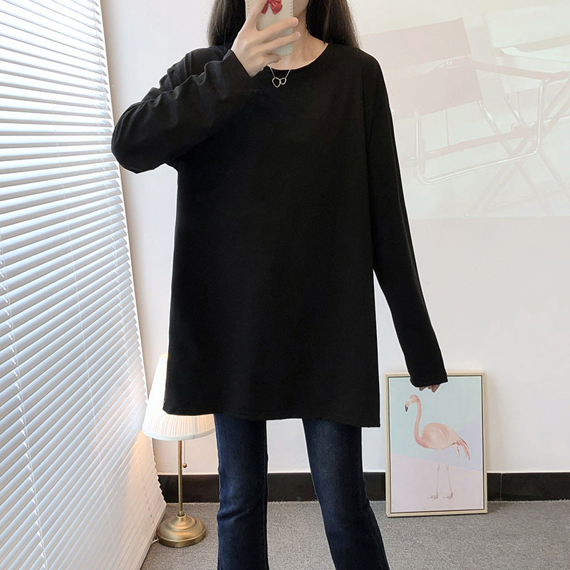 150kg Women's Spring Round Neck Mid-Length Slit Long Sleeve T-Shirt for Women 120kg Plus Size Loose Slimming Base Shirt
