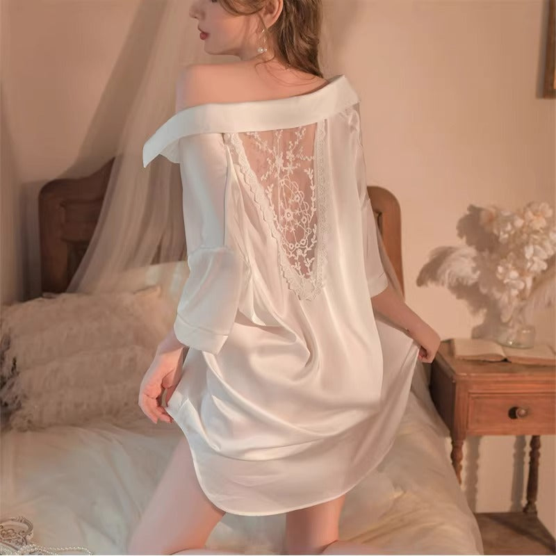 Sexy Pajamas for Women, Spring & Fall 2025 Summer Nightgown, High-End Ice Silk Thin Pure Lust Boyfriend Style Shirt That Can Be Worn Outside