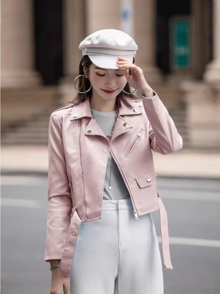 Women's Short Leather Jacket for Spring and Autumn, Motorcycle Pu Leather Jacket, Slim Fit, Plus Size, Student Style, Small Lapel, European and American Style