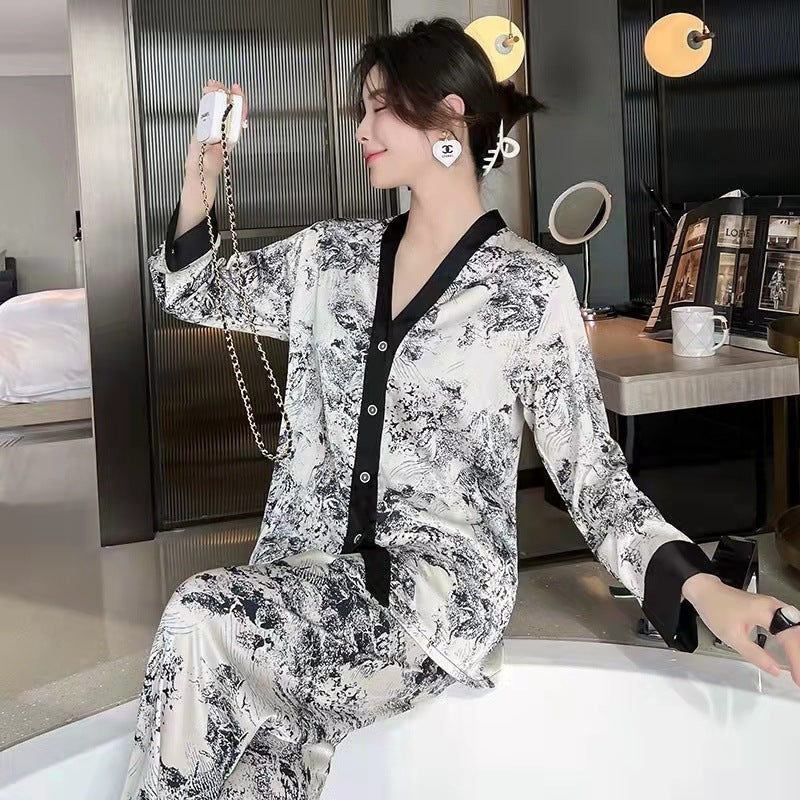 National fashion style ink painting four-piece pajamas women's fashion wholesale summer loose comfortable printing ladies home clothing sets