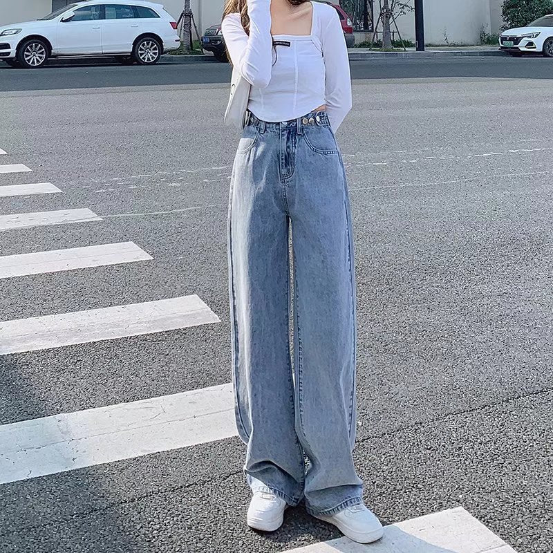 High-Waisted Wide-Leg Jeans for Women, Straight-Leg, Loose, Slim, 2024 Summer Clothes, New Style, Drapedy Floor-Length Pants for Small People
