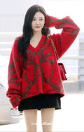 Chen Du Ling Ning Yizhuo's Red V-neck Sweater Women's Autumn and Winter Lazy Soft Waxy Mahair Knitted Upper