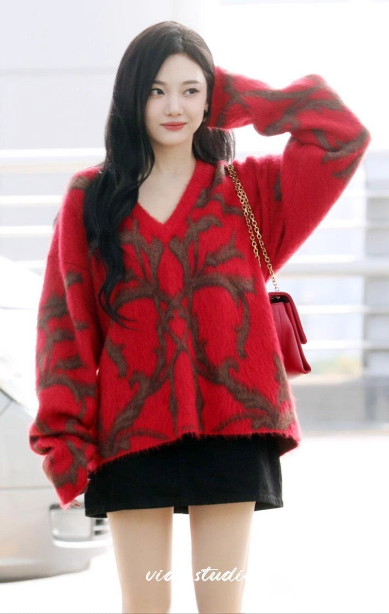 Chen Du Ling Ning Yizhuo's Red V-neck Sweater Women's Autumn and Winter Lazy Soft Waxy Mahair Knitted Upper