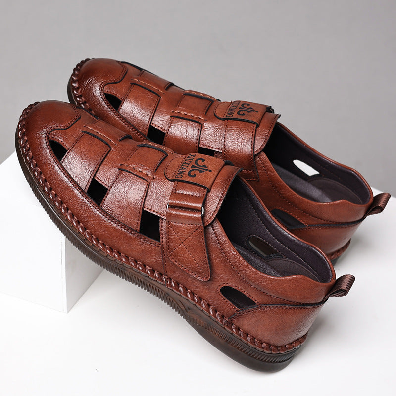 Summer New 2025 Men's Leather Sandals Men's Breathable Soft Sole Anti-slip Hollow-out Leather Sandals for Middle-aged and Elderly Dads