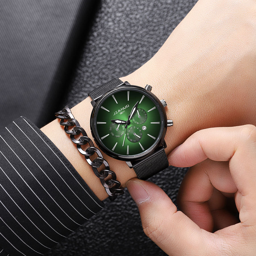 Korean Fashion Men's Mesh Band Watch Fashion Calendar Quartz Watch Business Casual Business Men's Cool Blue Watch