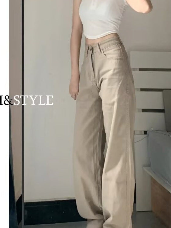 Khaki Jeans for Women Spring & Fall New Style High-Waisted Slim Fashion Versatile Straight-Leg Loose Floor-Length Wide-Leg Long Pants