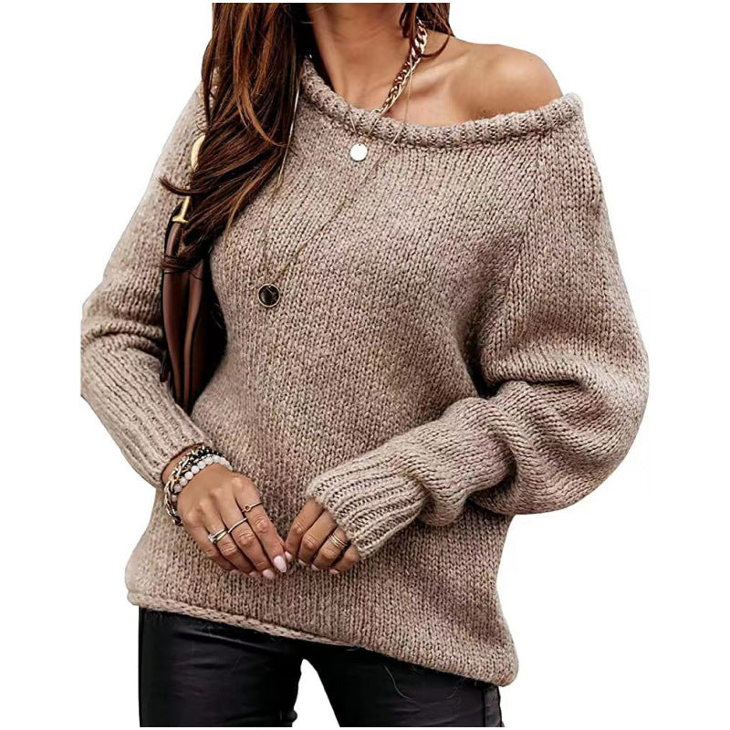 Cross-Border Amazon Autumn and Winter Off-Shoulder Sexy Round Neck Pullover Sweater Solid Color Casual Loose Large Size Sweater for Women
