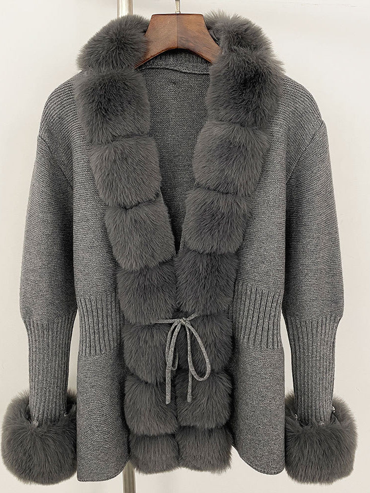 Women's Knitted Sweater 25 Spring Knitted Cardigan Imitation Fox Fur Coat Women's New Style Short Sweater Women